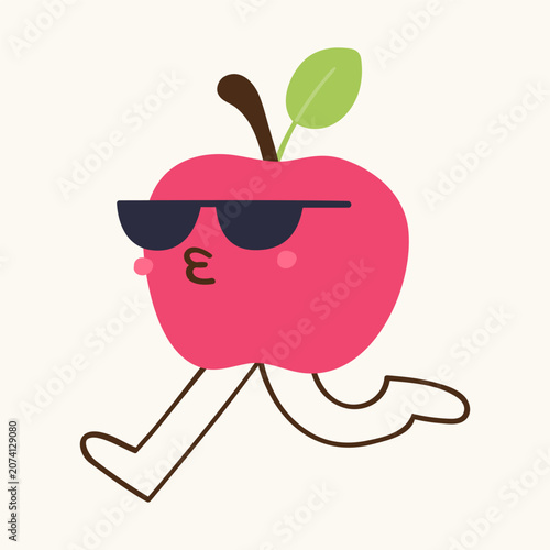 Cute apple character in sunglasses running funny organic summer fruit mascot flat vector illustration