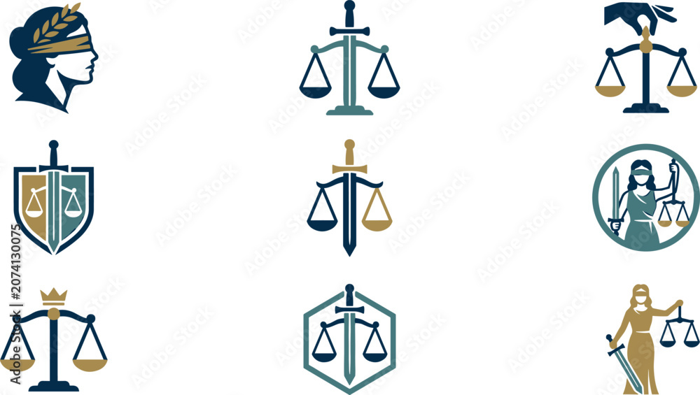Fototapeta premium Law and Justice Logo Icon Set with Lady Justice Scales Sword and Shield Symbols for Attorney Law Firm and Courtroom Branding