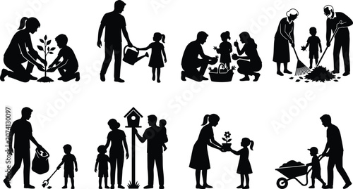 Obraz na plátně Collection of family silhouettes gardening together, teaching children to plant,
