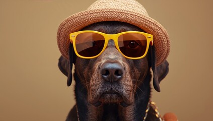 Black dog wearing yellow sunglasses and a straw hat poses against a plain background, showcasing a playful and stylish appearance with a confident expression