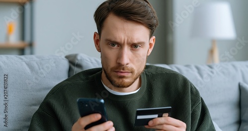 In a cozy home, an individual nervously reviews a questionable message on their phone while clutching a credit card, highlighting concerns about digital fraud and online banking safety.