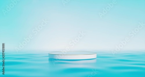 Natural beauty 3d podium on water with freshness blue sky for cosmetic product display. 4k seamless loop animation.