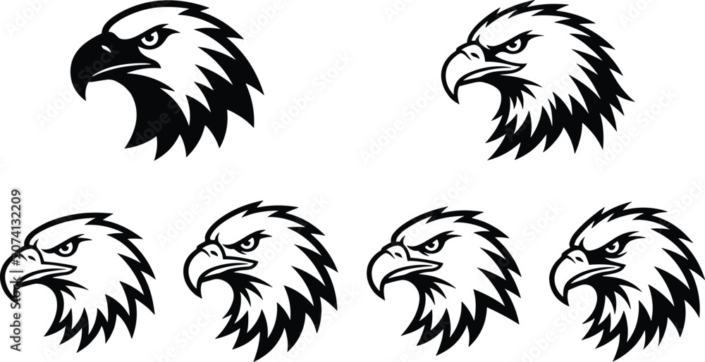 Fototapeta premium Black and White Bald Eagle Head Portrait Logo Icon Set Showing Six Different Size and Style Variations on White Background