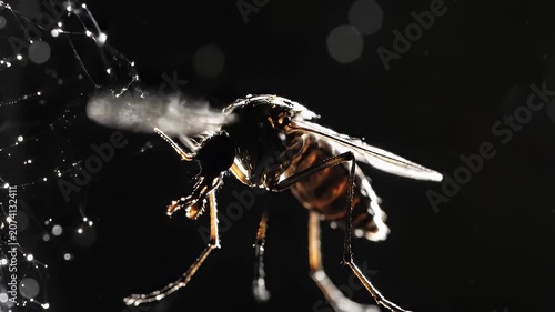 Extreme close-up of a mosquito with water droplets, a tiny insect in sharp focus against a dark background