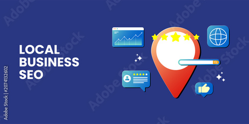 Local Business Search Engine Optimization Concept with Map Pin and Review Icons
