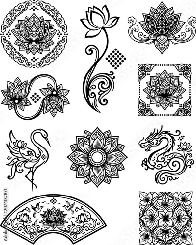 Foto Modern Korean Heritage Graphic Bundle - Artistic Floral, Animal, and Geometric P