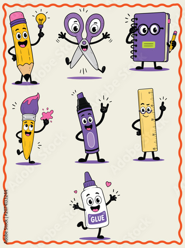 Funny school stationery mascot characters set