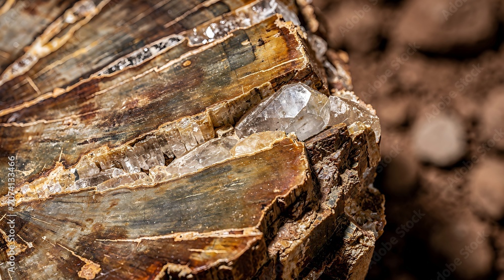 Fototapeta premium Close-up of a petrified wood fragment with visible crystal formations.