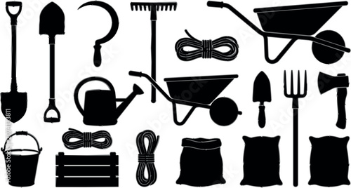 Foto Gardening tools black silhouette icons vector set with shovel rake watering can