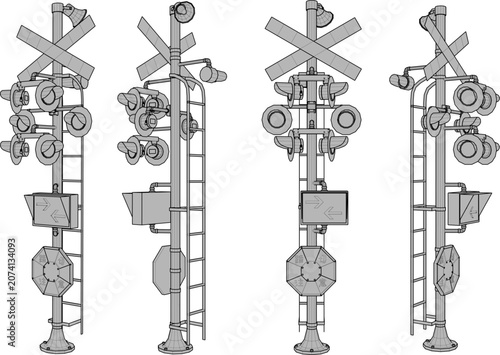 Sequence of traditional Japan train cross signal signs with electronic blinking lights and warning speakers