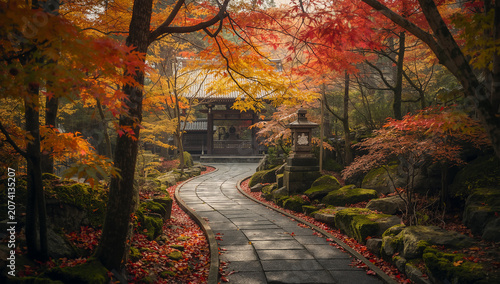 Obraz na płótnie 秋の日本庭園で紅葉と石灯籠が寺の小道を彩る静かな風景