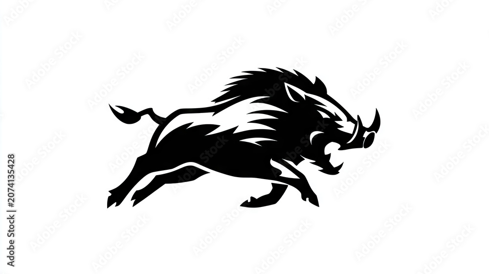 Fototapeta premium Stylized graphic depiction of a charging wild swine presented in high contrast monochrome