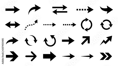 Arrow Vector Set with Black Curved and Straight Directions, Including Reload, Circle, Dashed, and Double Arrow Icons