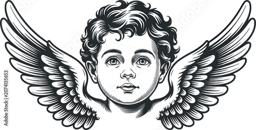 Foto Vintage angel face engraving with wings antique cherub illustration and classic