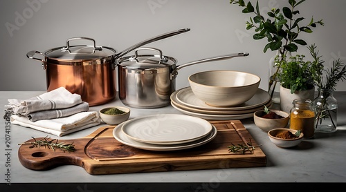 Elegant Kitchenware and Dinnerware Collection on a Wooden Board.