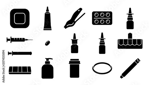 Fotografie Hormone Replacement Therapy HRT Silhouette Icon Set – Hormonal Health Medication