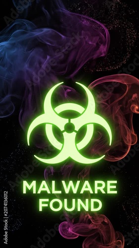 Cyber Security Alert Notification with Bioluminescent Biohazard Symbol and System Failure Hacked Warning Video Overlay