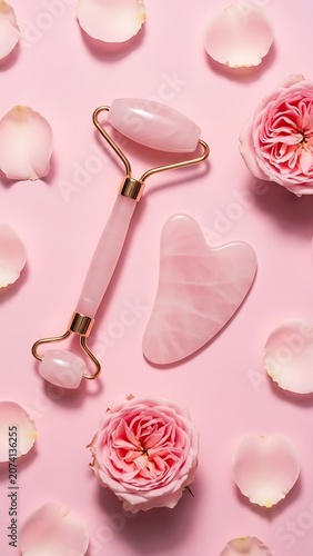 Pink Jade Roller and Gua Sha Stone with Rose Petals.