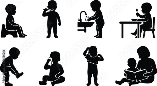 Obraz na plátně Vector silhouette set of toddler daily routine activities including potty traini