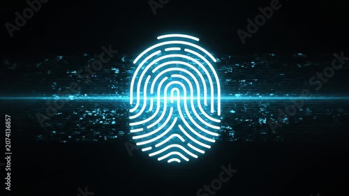 Digital Fingerprint Scanning Animation with Cyber Security System Failure and Glitch Effects Overlay