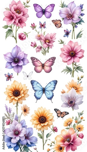 Elegant Watercolor Floral and Butterfly Collection with Pastel Wildflowers Isolated on White Background