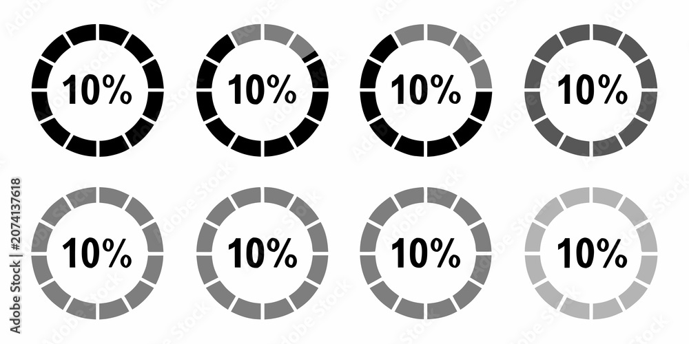 Fototapeta premium Ten Percent Circular Charts With Segmented Progress Indicators Vector Illustration