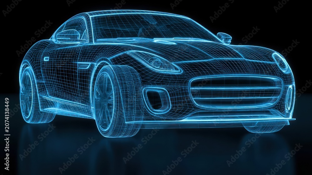 Naklejka premium Blue wireframe sports car on black background