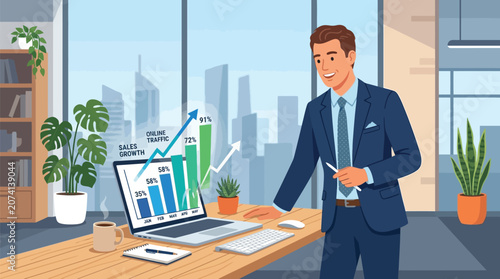 Photos Man pushing giant rock uphill vector illustration representing business struggle