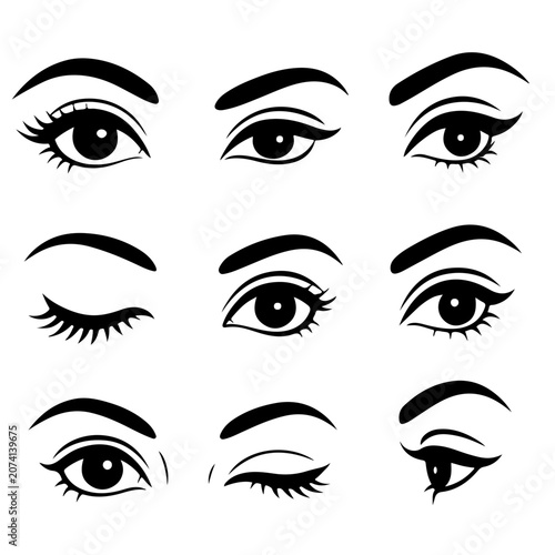 Human eyes silhouette vector collection set featuring various expressions makeup eyeliner eyelashes blinking