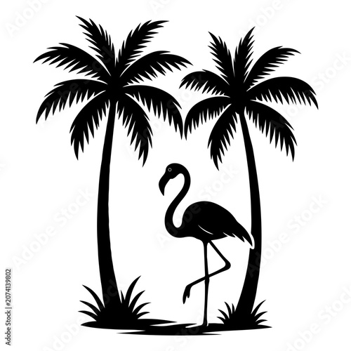 tropical flamingo and palm tree silhouettes set in black and white vector style