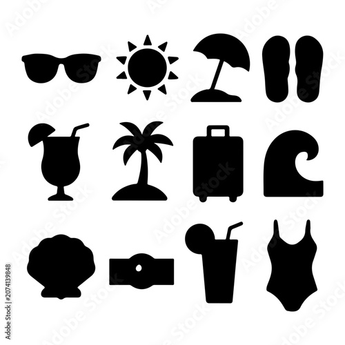 Summer Beach Icons: Sun, Palm Tree, Sunglasses, Umbrella, Flip Flops, Sandcastle, Surfboard