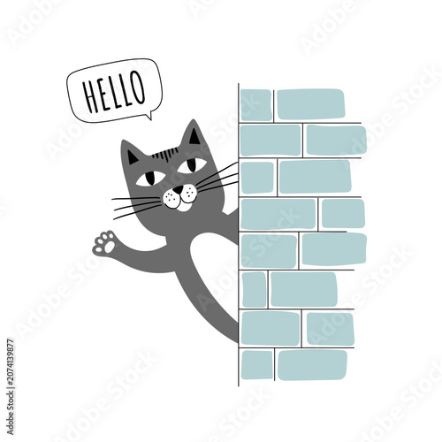 Cute gray kitten waving hello from behind a brick wall. Minimalist flat vector illustration of a funny peeking cat with a hello speech bubble. Perfect for greeting cards and nursery decor.