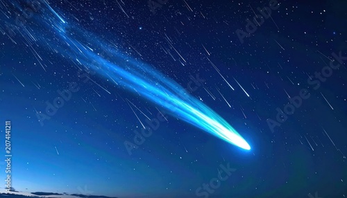 Bright comet streaking across night sky.