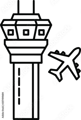 Air traffic control tower icon with airplane