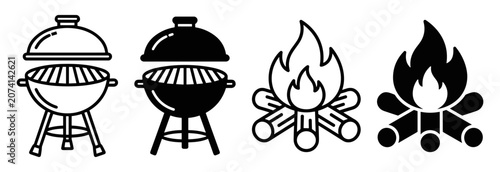 Quadro su tela Set of barbecue grill and campfire line and solid icons in black and white on tr