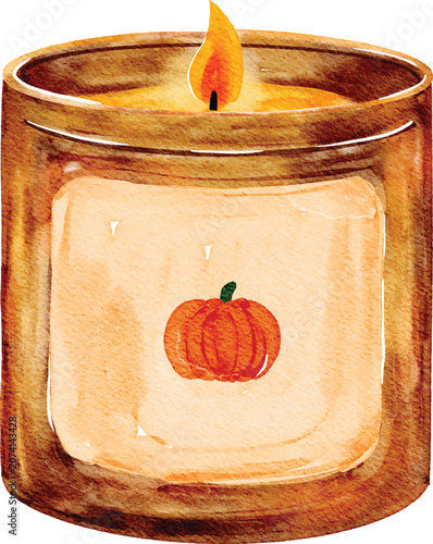 Watercolor Pumpkin Spice Scented Jar Candle with Burning Flame