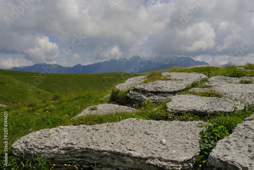Mountain landscape in Malga Lessinia with limestone rocks and green hills