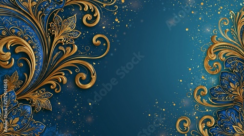 Elegant dark blue background featuring intricate gold filigree swirls and shimmering metallic floral patterns for a luxury festive invitation design