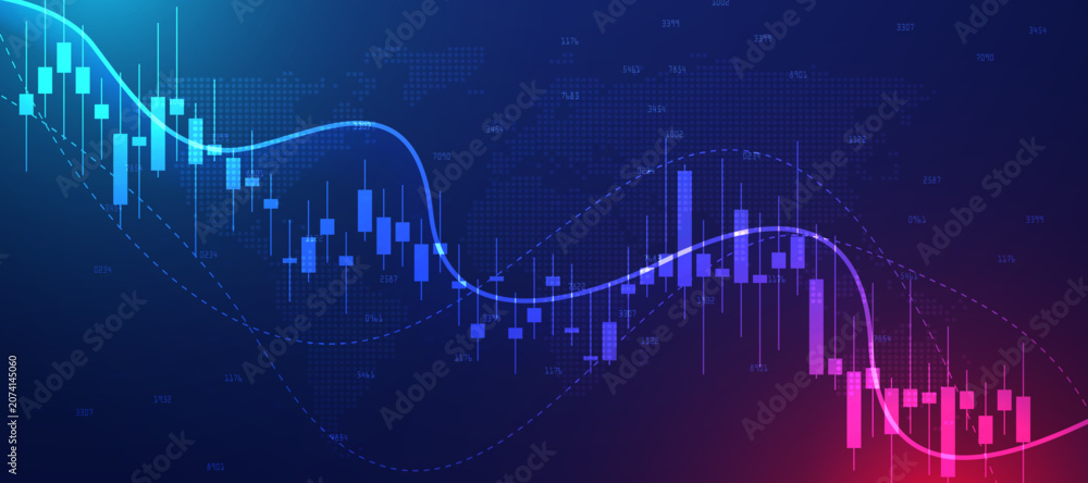 Fototapeta premium Financial stock market chart with blue candlesticks showing downward trend on dark grid background.