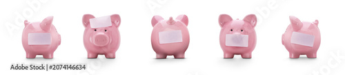 A collection of a pink piggy savings, investment bank from front, side and rear angles with a blank label, copy space, to write a message isolated against a transparent background.