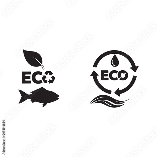 Eco friendly icons with leaves fish and recycling symbols environment sustainability conservation protection pollution renewable resource illustration management wildlife preservation