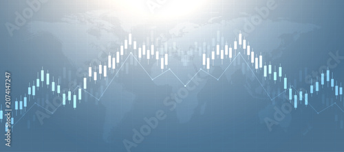 Tableau sur toile Financial stock market chart with blue candlesticks showing downward trend on dark grid background