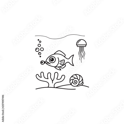 Cartoon ocean underwater scene line art illustration with underwater jellyfish wildlife creature environment illustration coloring activity minimalist monochrome background swimming