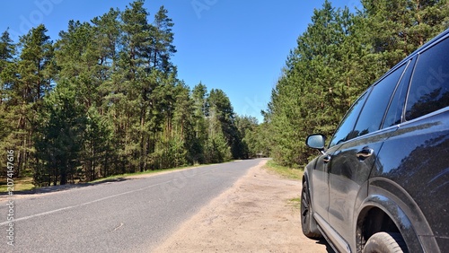 A short stop during a spring trip. The car is parked on the sandy roadside of an asphalt road leading through the forest. Nearby there are pines, birches with young foliage and a turn in the road. Sun