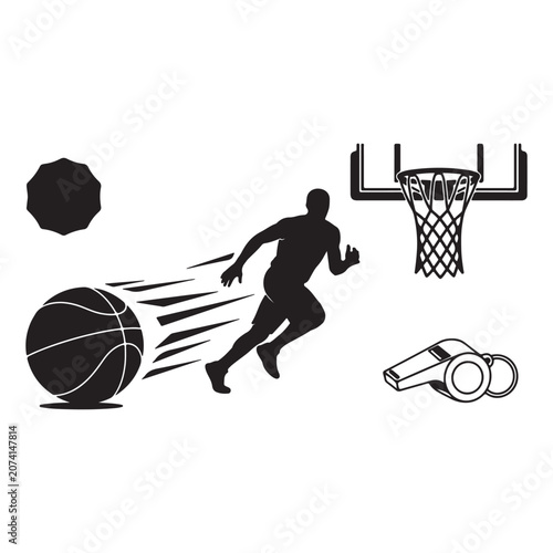 Basketball sports elements graphic set with silhouette player whistle hoop and ball basketball silhouette competition training exercise coaching movement recreation collection illustration