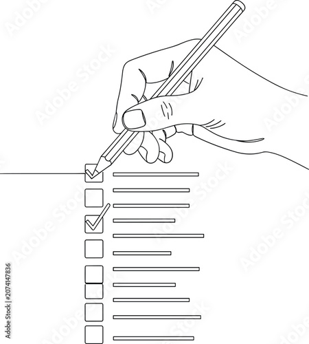 Close up of hand holding pencil marking checklist boxes on paper to track task completion progress