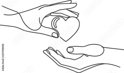 Continuous line drawing of two human hands giving and receiving a heart shape as a symbol of love