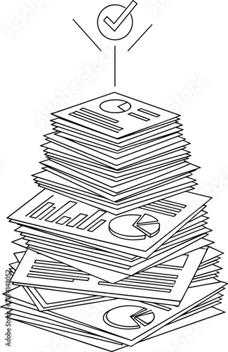 Large stack of office documents with pie charts and graphs marked with check symbol for completion