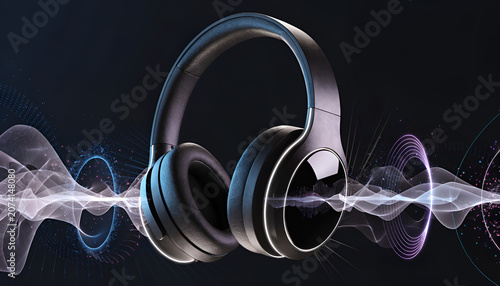 black wireless headphones with abstract digital sound waves and light effects on dark background