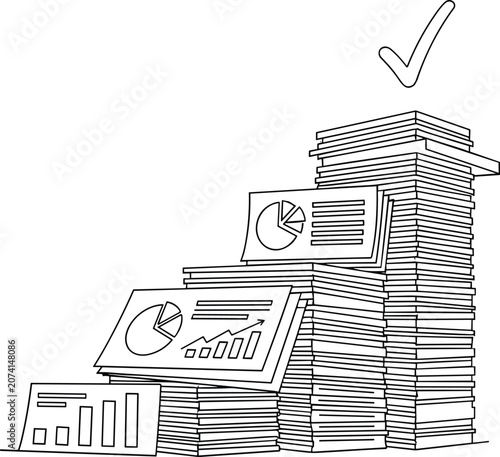 Large stacks of office documents with business charts and graphs finished and approved with check mark